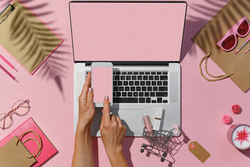 Online shopping transaction confirmation flat lay