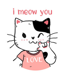 cute happy white and pink cat i meow you with love you hand gesture signage portrait half body doodle cartoon flat vector for nuresery art, greeting card, t shirt, sticker, printable