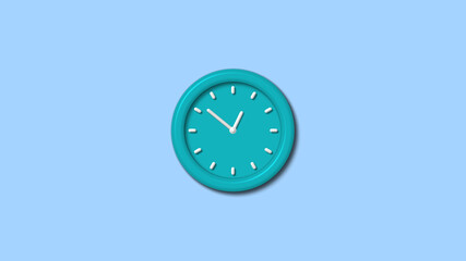 Cyan color 12 hours 3d wall clock isolated on aqua light background