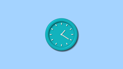 Cyan color 12 hours 3d wall clock isolated on aqua light background