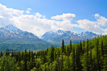 Mount Chugach and Talkeetna viewed from Glenn Highway Alaska USA