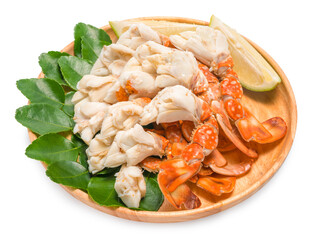 Steamed crab  on the wooden plate. Blue crab with spicy dip, thai style, seafood.