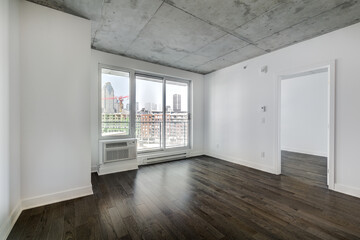 Real estate photography - Beautiful empty brand new apartment in an apartment building with bathroom, new kitchen, new floors, all white painted