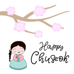 Korean traditional holiday Chuseok. Postcard with calligraphic text Happy Thanksgiving. The culture of South Korea. Rich Autumn harvest celebration. Kid in hanbok. Vector illustration.