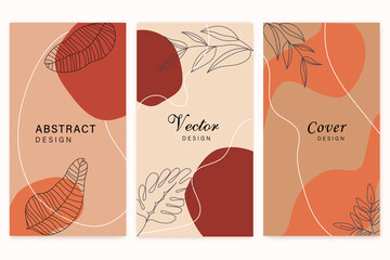 Social media stories and Main Feed cover. Background template with copy space for text and images, Tropical line arts , floral and leaves in warm earth tone vector illustration.