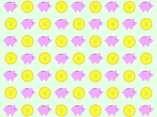 豚の貯金箱と日本円硬貨のパターン背景素材