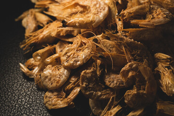 macro close up of Dry / dehydrated shrimp. selective focus