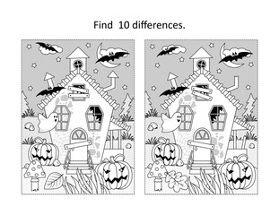 Find 10 differences visual puzzle and coloring page with Halloween haunted house
