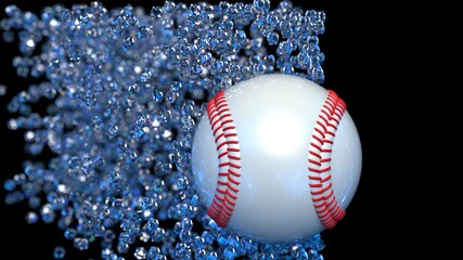 Baseball with diamond particles under blue flare lighting. 3D illustration. 3D CG. 3D high quality rendering.