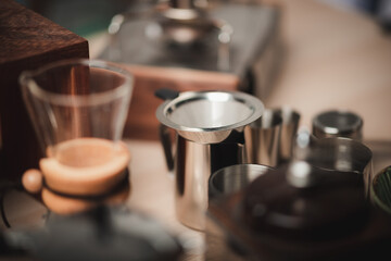 kits set of coffee drip filter showing in cafe