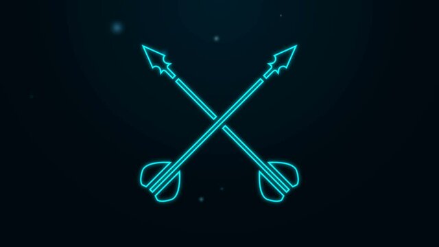 Glowing neon line Medieval crossed arrows icon isolated on black background. Medieval weapon. 4K Video motion graphic animation