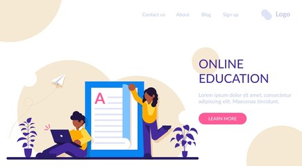 Online education. Students study disciplines over the Internet. The guy with the laptop. Modern flat illustration.