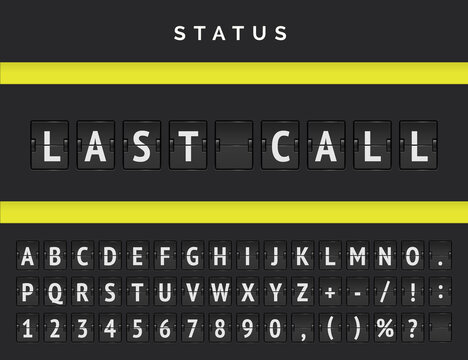 Airport Terminal Panel With Flight Status. Vector Departure Flip Scoreboard Announcing Last Call For A Flight