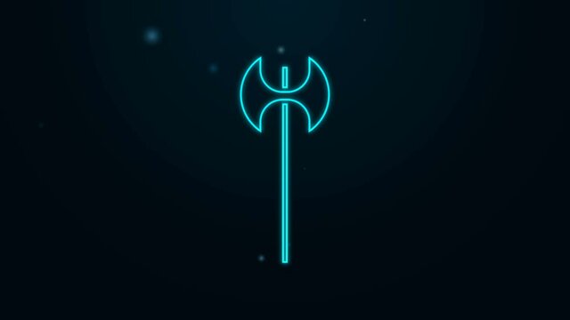 Glowing neon line Medieval axe icon isolated on black background. Battle axe, executioner axe. Medieval weapon. 4K Video motion graphic animation