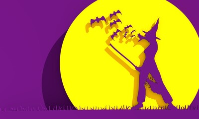 Halloween holiday background. Standing witch with broomstick. Flying bats. 3D rendering