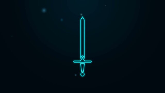 Glowing neon line Medieval sword icon isolated on black background. Medieval weapon. 4K Video motion graphic animation
