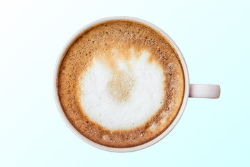 Top view of hot coffee cappuccino cup in the milk froth isolated on white and blue background. Top-down