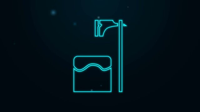 Glowing neon line Executioner axe in tree block icon isolated on black background. Hangman, torturer, executor, tormentor, butcher, headsman. 4K Video motion graphic animation