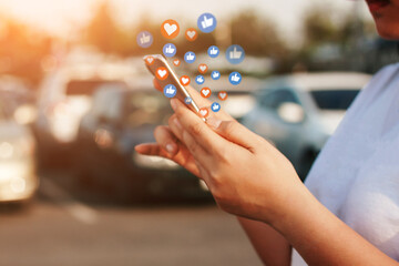 Young women using smartphone, Social media and digital online concept, The concept of living on vacation and playing social media, technology network online concept, Social Distancing concept.