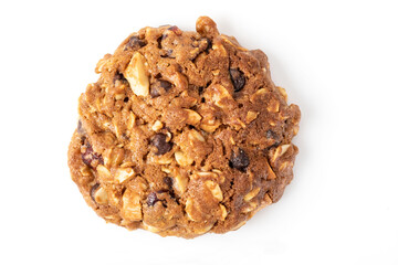 Homemade tasty oatmeal cookies with raisins, dried cranberry and Himalayan mango seeds. Healthy snack concept. Sweet dessert. Close up image.