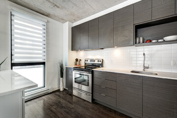 Real estate photography - Beautiful modern apartment in an apartment building with bathroom, kitchen, swimming pool