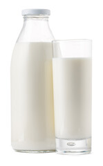 Glass bottle and cup of fresh milk isolated