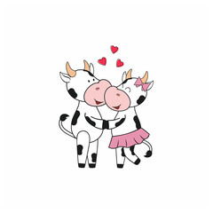 Cute bull and cow hugging each other. Vector cartoon illustration for the Chinese year of the bull, Christmas, Valentine's day. Stickers for social networks, logo design, postcard.