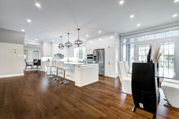 Real estate photography - New big luxury modern house in Montreal's suburb partially furnished with backyard, empty rooms, closets, basement and garage