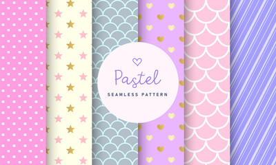 Sweet Pastel seamless pattern collection. Set of 6 colorful background with polka dot, stripe and simple symbol. Kawaii patterns vector for gift wrap, wallpaper, wrapping paper and fabric patterns. 