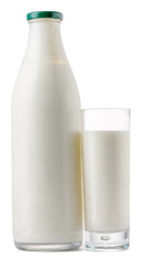 Glass bottle and cup of fresh milk isolated