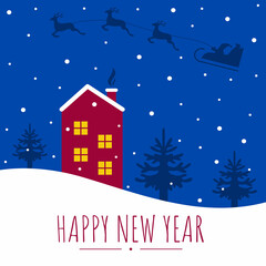 Square greeting card happy new year and Christmas. House in the snow and Christmas trees. Santa Claus is flying through the night sky in a sleigh with reindeer. Vector flat cartoon illustration.