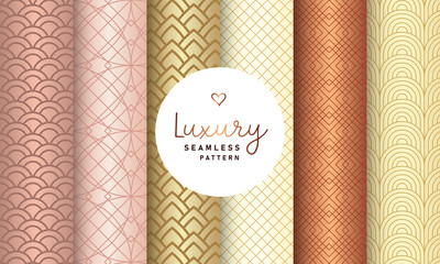 Luxury seamless pattern collection. Set of 6 golden shiny background for gift wrap, wallpaper, wrapping paper and fabric patterns. 