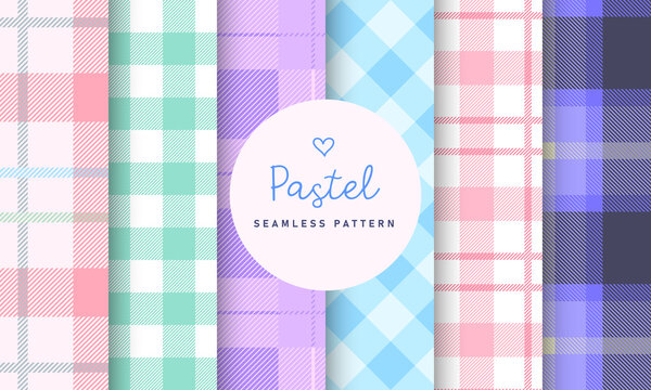 Pastel tartan check plaid seamless pattern collection. Set of 6 colorful background. Kawaii patterns vector for gift wrap, wallpaper, wrapping paper and fabric patterns. 