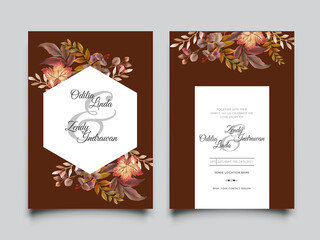 wedding invitation card with beautiful autumn leaves watercolor