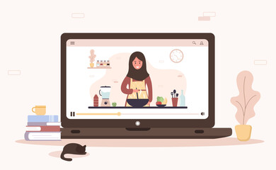 Cooking school. Online culinary master class. Arab girl in hijab preparing homemade meals for lunch or dinner. The chef teaches to cook. Learning at home. Flat cartoon vector illustration.