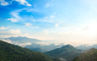Fototapeta premium Blue sky on sunrise in the mountains landscape. View point at Ai You Weng, Bethong, Yala, Thailand, Asia