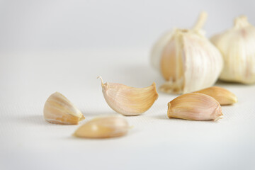 Fresh garlic head and garlic cloves on white canvas background with copy space. select focus