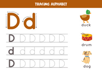Handwriting practice with alphabet letter. Tracing D.