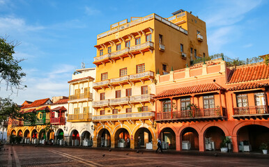View to an ensemble of colorful historic buildings on a sunny day in Cartagena, Colombia, Unesco...