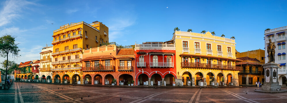 Panorama of an ensemble of colorful historic buildings on a sunny day in Cartagena, Colombia, Unesco World Heritage
