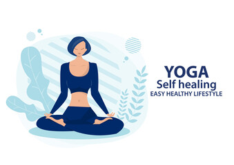 woman happy sitting in lotus yoga asana pose controlling emotions on isolate  Vector flat illustration.