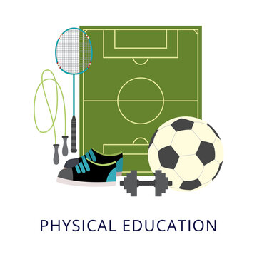 Physical education school subject poster with sport equipment