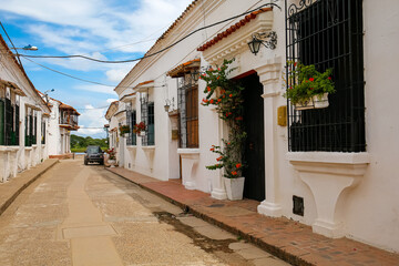 Typical street and historic white buildings of Santa Cruz de Mompox, Colombia, World Heritage
