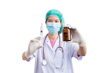 Medical physician doctor or nurse uniform wearing surgical mask and vaccine dose flu shot drug syringe isolated on white background, medical nurse or practitioner with stethoscope Healthcare concept