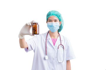 Doctor woman holding pill or medication in capsule. concept of pharmacist, drugs, diet pill, antibiotic or vitamin