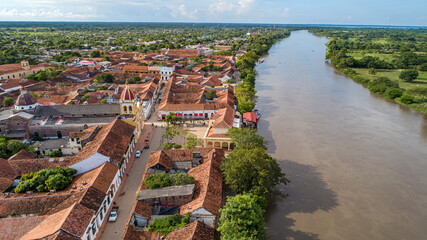 Aerial view of the historic town Santa Cruz de Mompox and river in sunlight, Colombia, World Heritage
