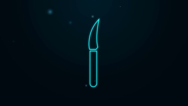 Glowing neon line Knife icon isolated on black background. Cutlery symbol. 4K Video motion graphic animation