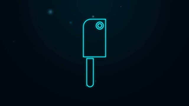 Glowing neon line Meat chopper icon isolated on black background. Kitchen knife for meat. Butcher knife. 4K Video motion graphic animation
