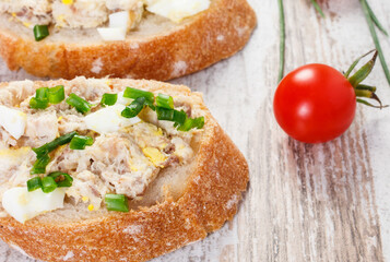 Closeup of sandwiches with fresh mackerel fish paste, healthy nutrition concept