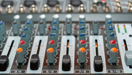 Close up of sound mixing console.